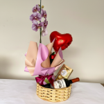 Cesta com Orquídea, Vinho e Chocolate